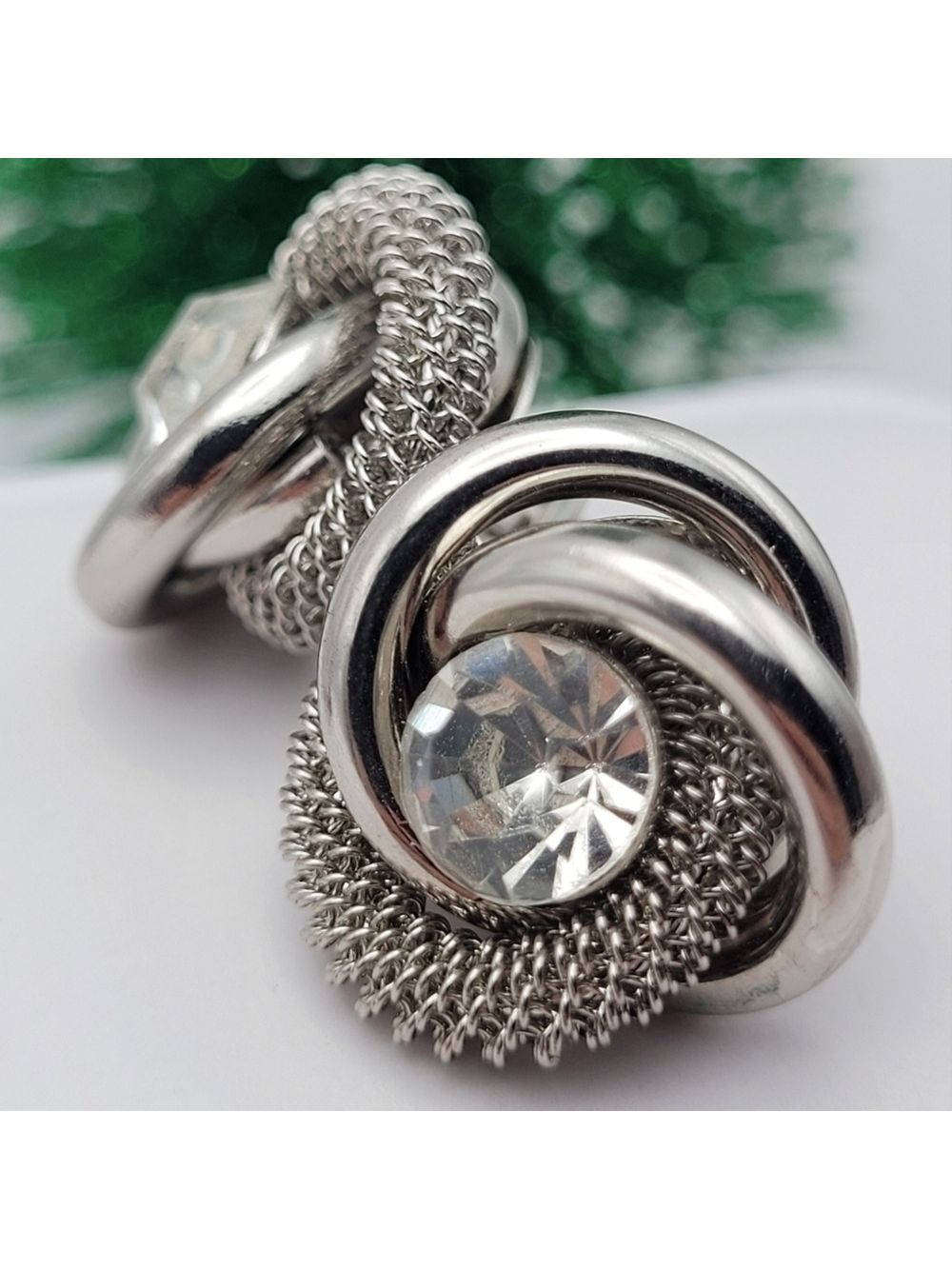 ✨2/$10✨ Twisted Silver Earrings Clear Crystal Round Oval Mesh - Picture 5 of 9